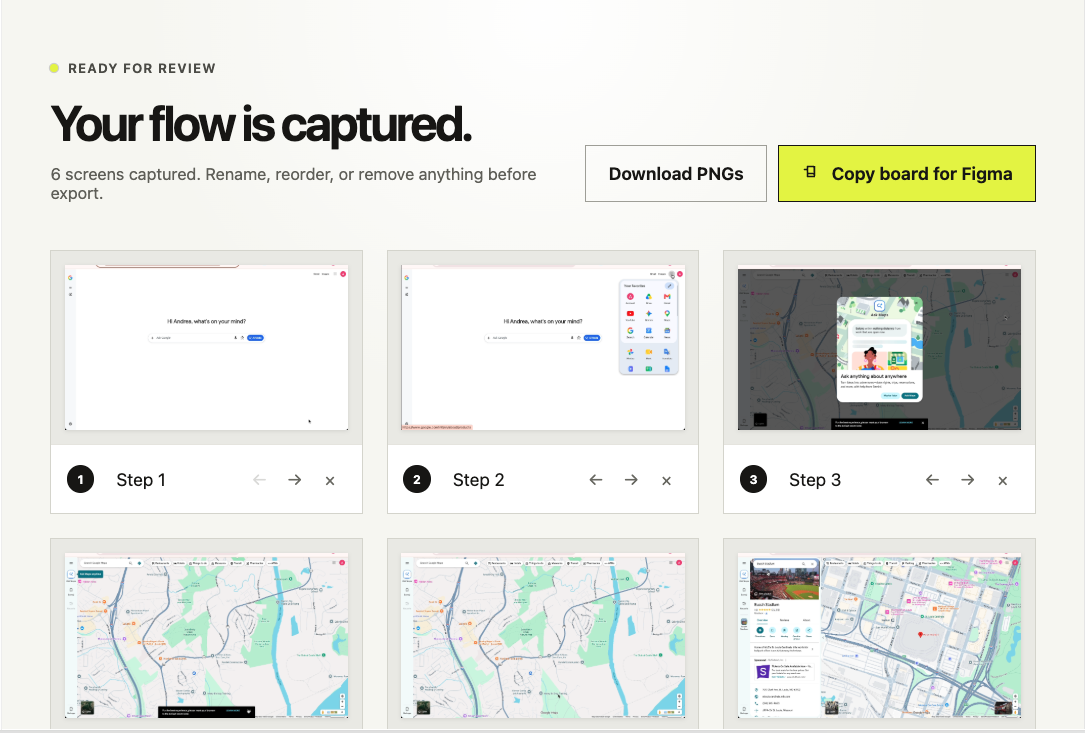 The Flow Capture review screen. Six captured screens sit in a grid, each with a step name and controls to move it left, move it right, or remove it. Buttons at the top download PNGs or copy a board for Figma.