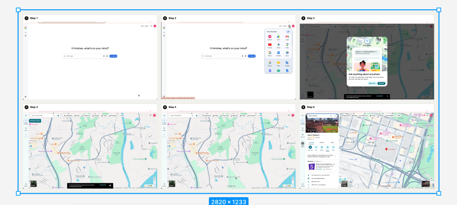 A Figma canvas with the pasted board selected. It shows the six captured screens in two rows of three, each labeled Step 1 through Step 6.